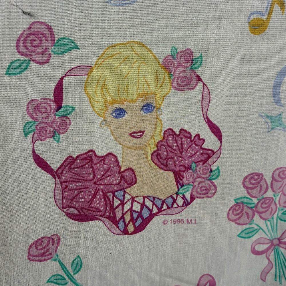 Barbie Twin Size Flat Sheet Skirt Curtain Panels Pillowcase VTG 1995 - Picture 10 of 16